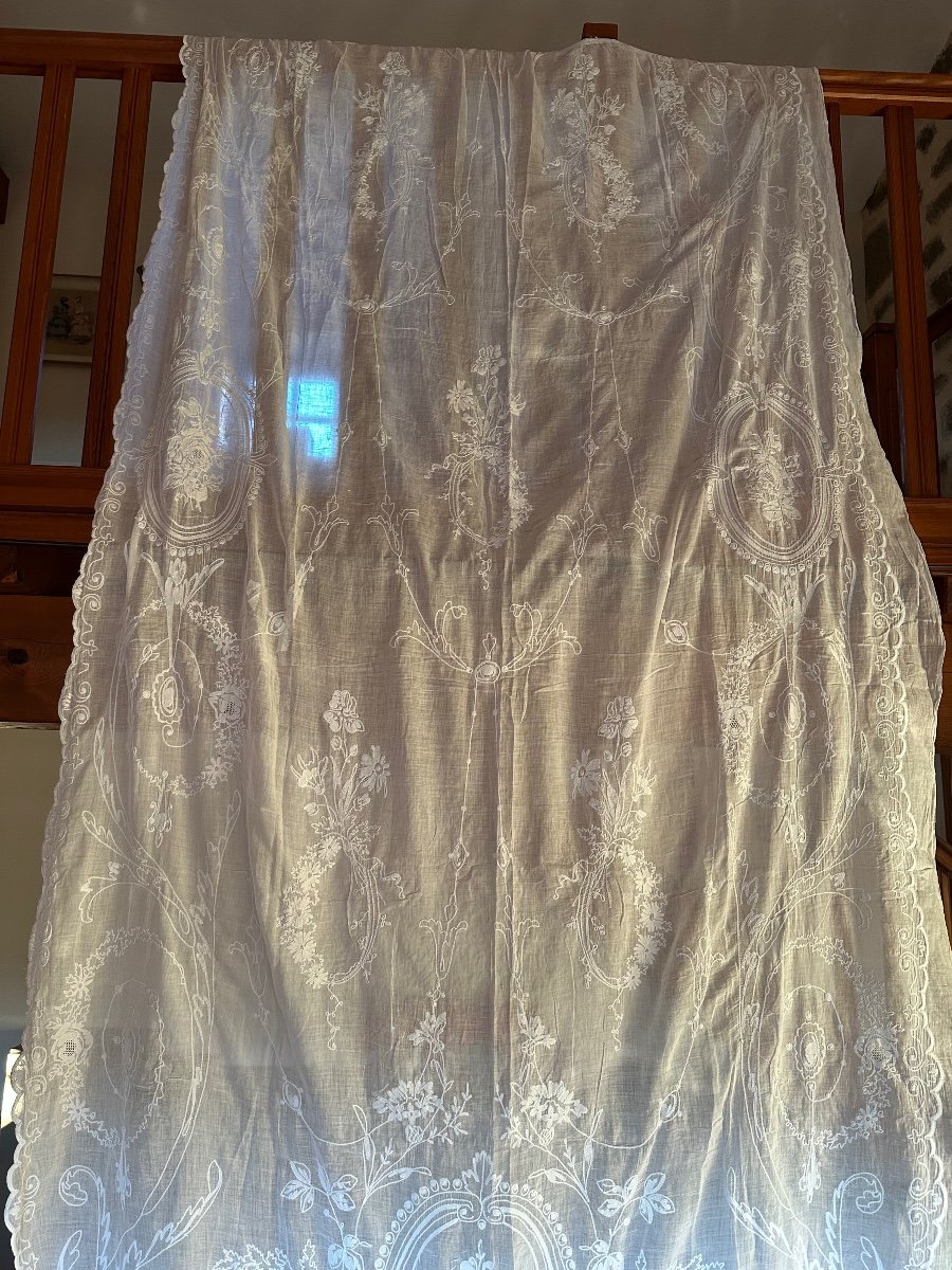 Antique Curtain, Cotton Voile, Cornely Embroidery, 19th Century 280x140 Cm-photo-2