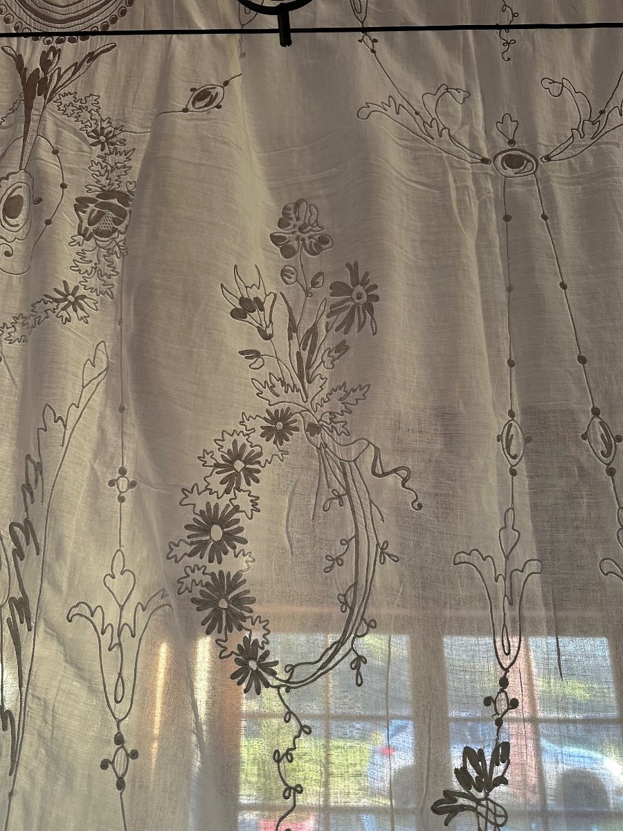 Antique Curtain, Cotton Voile, Cornely Embroidery, 19th Century 280x140 Cm-photo-3