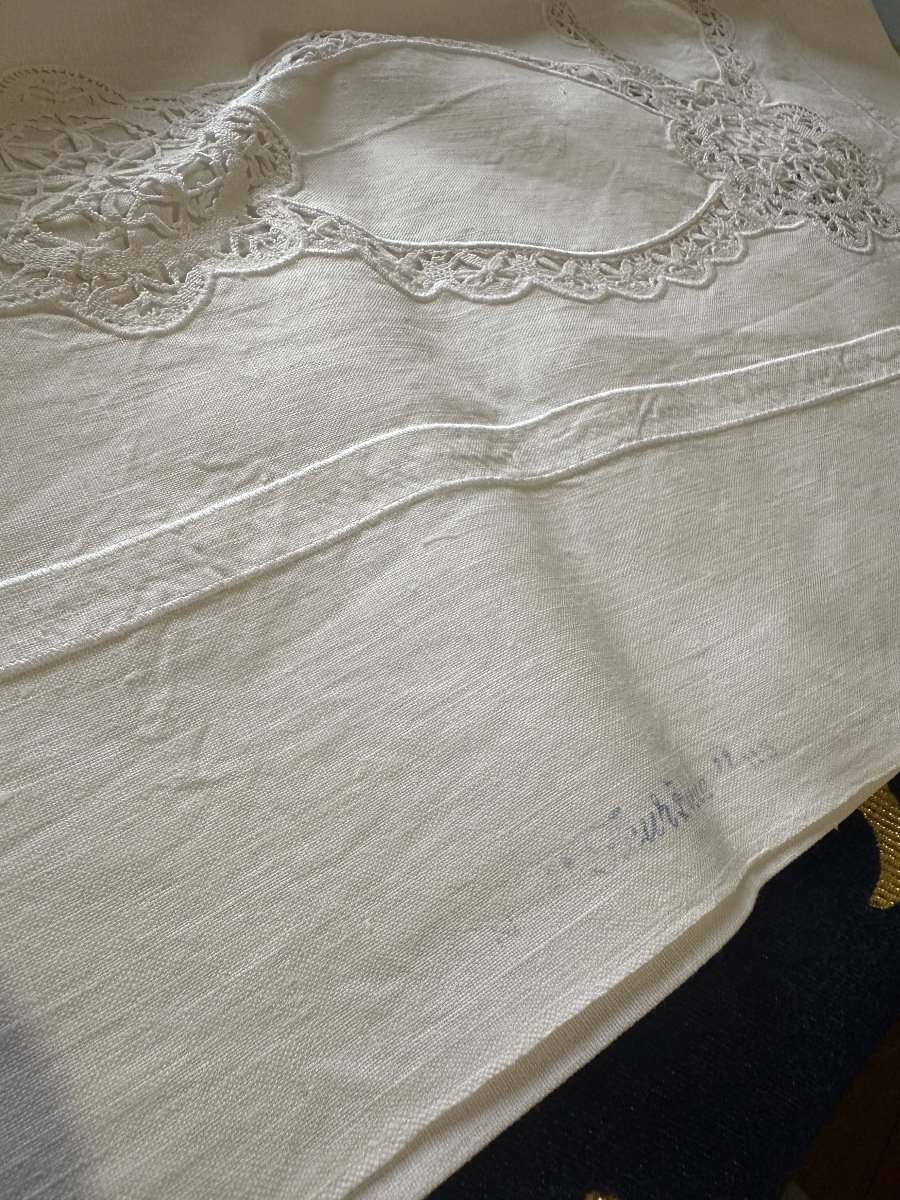 Drap Ancien Pur Lin XXÈME Dentelle Fuseau Broderie Monogramme Offerte état Usage Neuf 240x320-photo-5