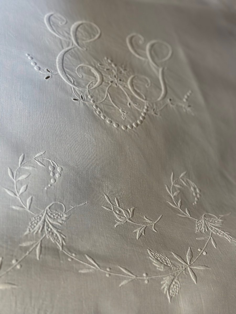 Antique 20th Century Sheet Light Linen Thread Flower Embroidery Monogram Eg 240x315-photo-3