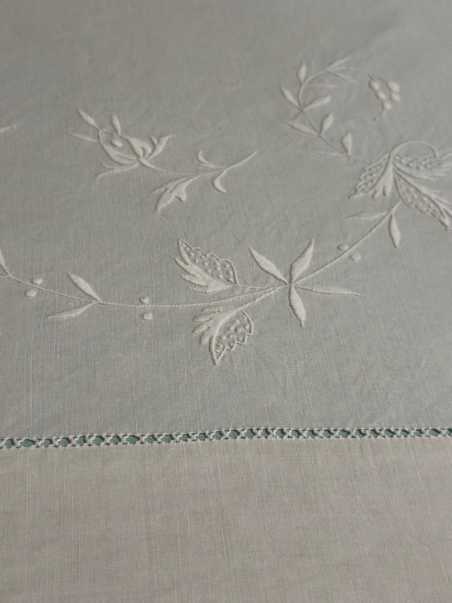 Antique 20th Century Sheet Light Linen Thread Flower Embroidery Monogram Eg 240x315-photo-4