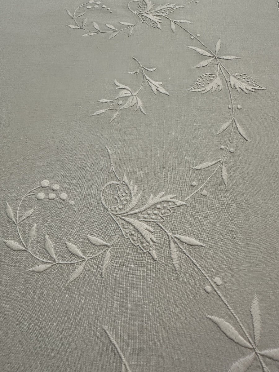 Antique 20th Century Sheet Light Linen Thread Flower Embroidery Monogram Eg 240x315-photo-3