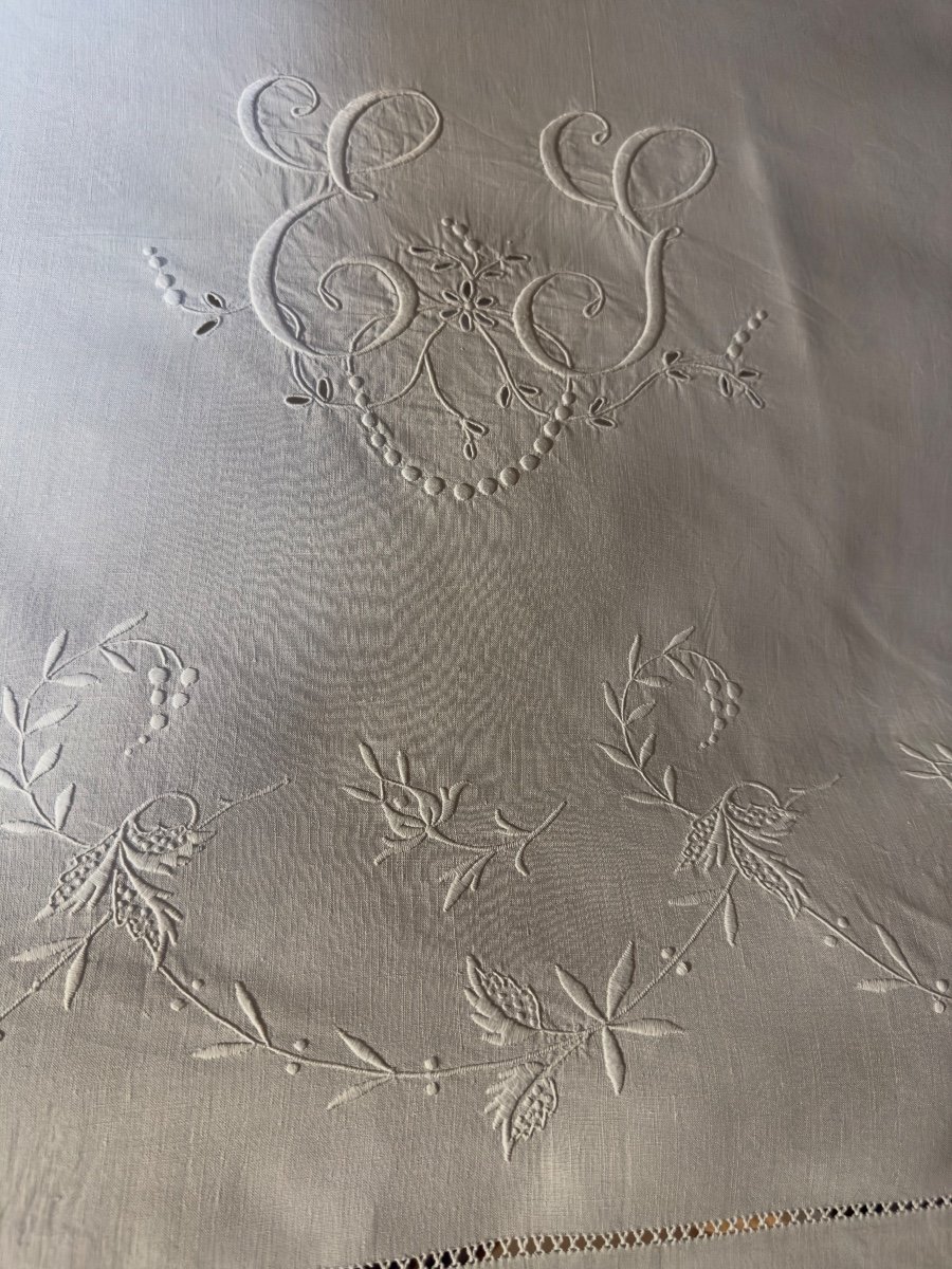 Antique 20th Century Sheet Light Linen Thread Flower Embroidery Monogram Eg 240x315