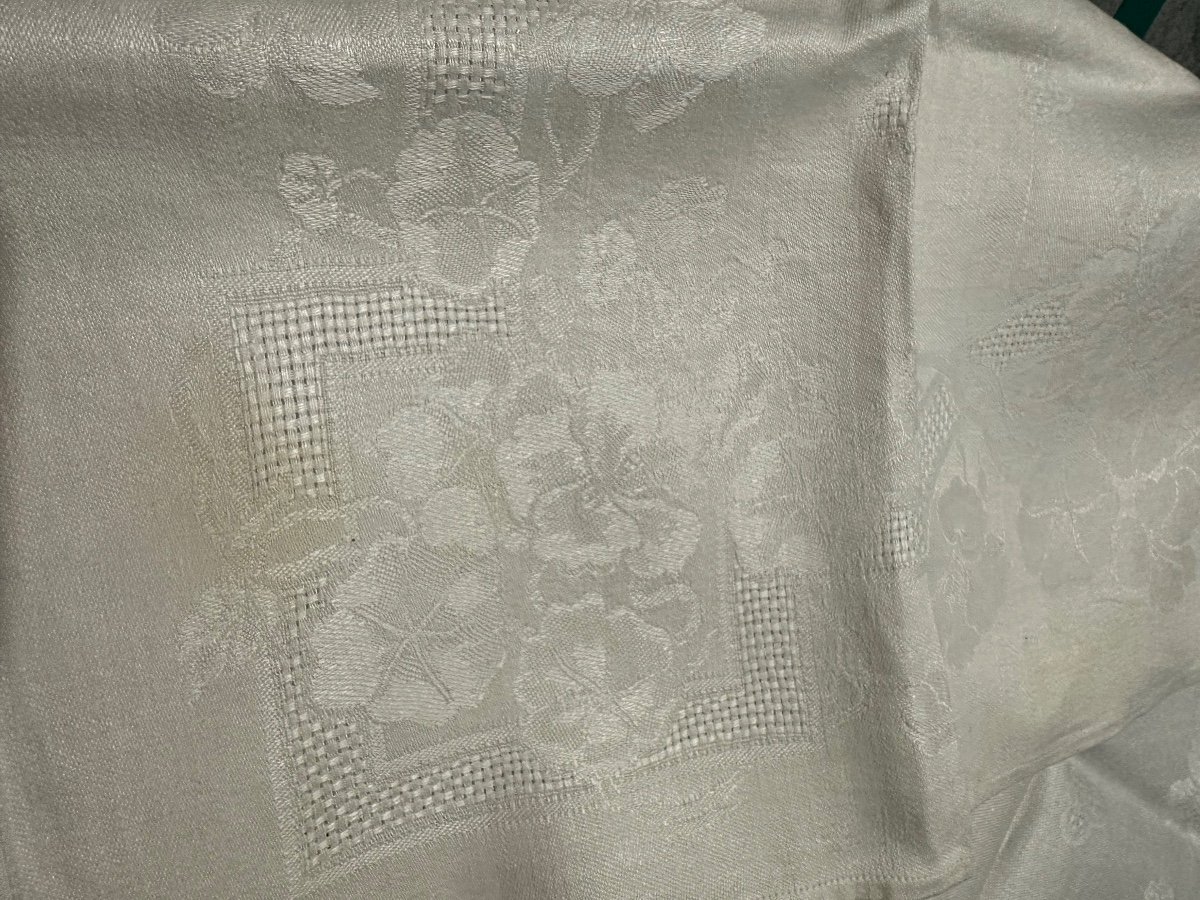 Old Table Service Pure Linen Tablecloth 12 Napkins Embroidery Coat Of Arms Monogram Old New Condition-photo-4