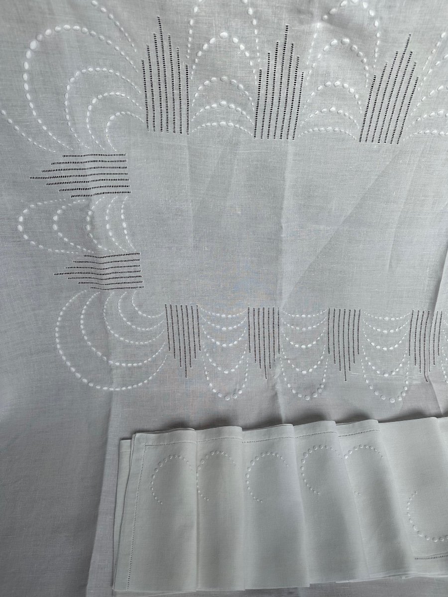 Tablecloth Service And 12 Antique Wedding Napkins Linen Thread Plumetis Embroidery -photo-3