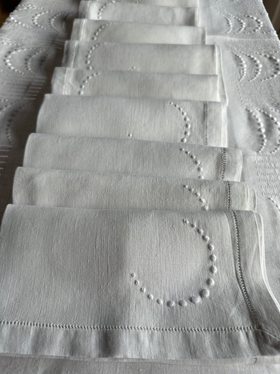 Service Nappe Et 12 Serviettes Anciennes De Mariage Fil De Lin Broderie Plumetis -photo-2