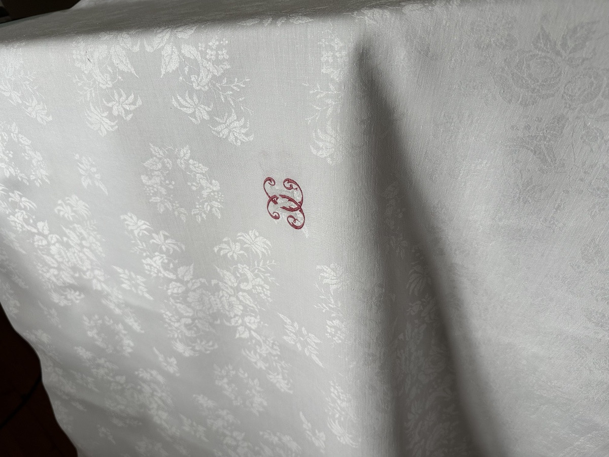 Service De Table Ancien XIXe Siècle Nappe 12 Serviettes Fil Lin Damas Floral, Monogramme Mx -photo-2