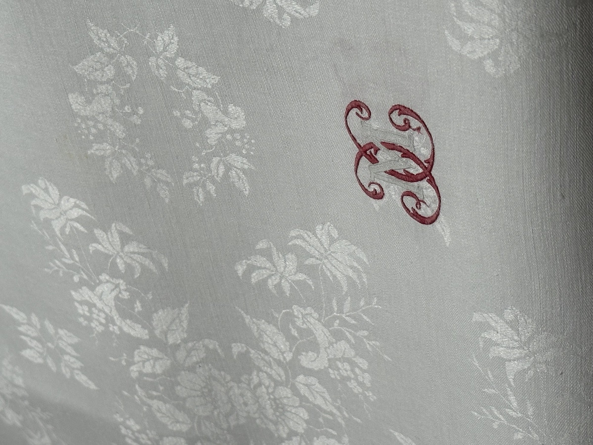 Service De Table Ancien XIXe Siècle Nappe 12 Serviettes Fil Lin Damas Floral, Monogramme Mx -photo-3