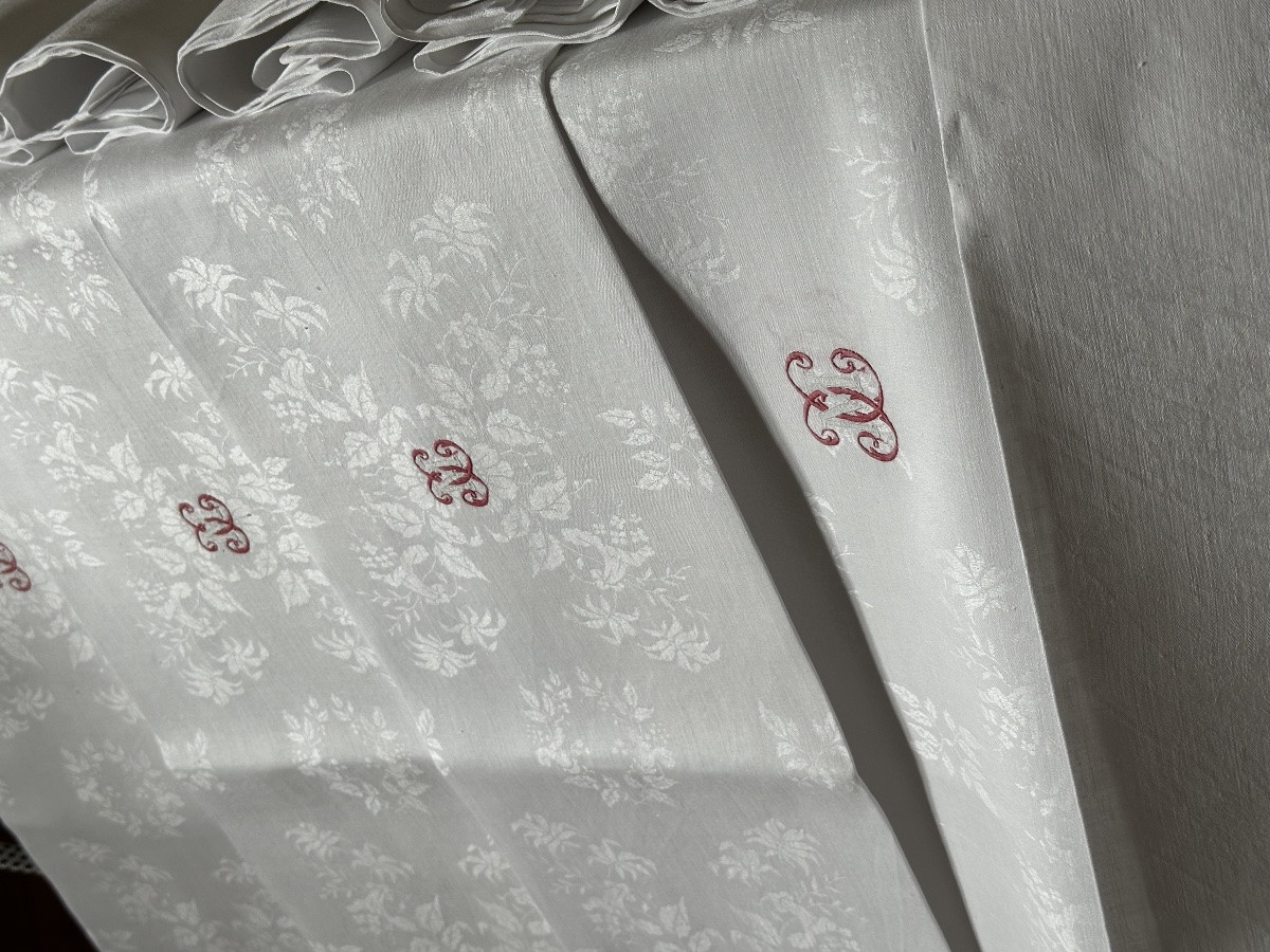 Antique 19th Century Table Service Tablecloth 12 Napkins Linen Thread Damask Floral, Monogram Mx -photo-4