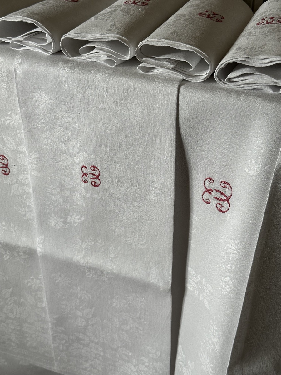 Antique 19th Century Table Service Tablecloth 12 Napkins Linen Thread Damask Floral, Monogram Mx -photo-2