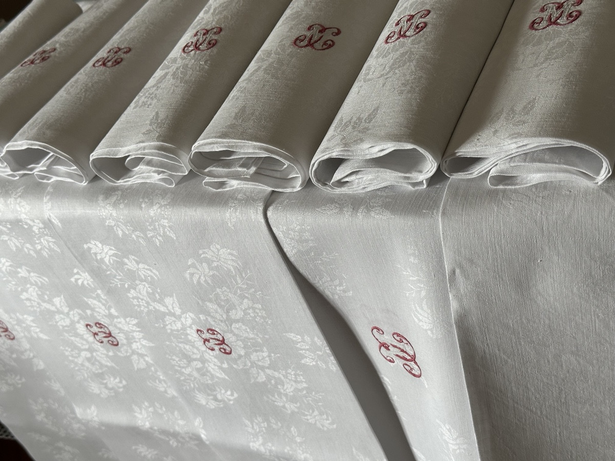 Antique 19th Century Table Service Tablecloth 12 Napkins Linen Thread Damask Floral, Monogram Mx 