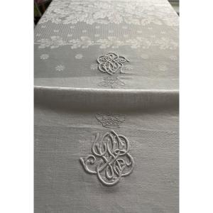 Nappe Ancienne Réception, 2 Monogrammes Couronne Ducale Pair de France , Damassée, 400x 202cm, XIXème 