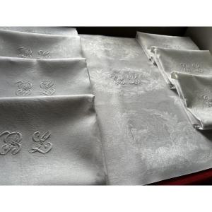 8 Antique Napkins, 19th Century, Damask Hunting Deer Dogs Partridge Monogram Bl 89x65 Cm