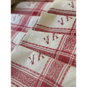 Nappe Ancienne 185x 160 12 Serviettes Lin Coton XIXeme Damas Floral LitAux Rouge Monogramme Va