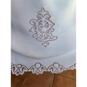 Antique 20th Century Bed Linen Set Sheet And 2 Pillowcases Embroidery Monogram Richelieu Fleur De Lys