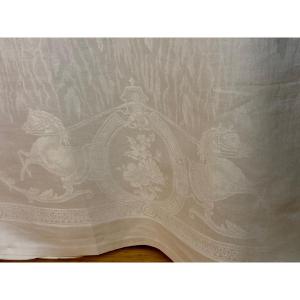 Antique Tablecloth And 10 Napkins, Linen Thread, Damask Decor Cherubs Horses, Lp Monogram