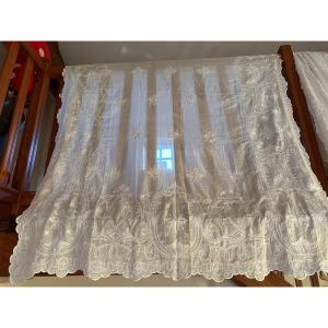 Old Cornely Curtain 19th Century Cotton Muslin Hand Chain Stitch Embroidery 