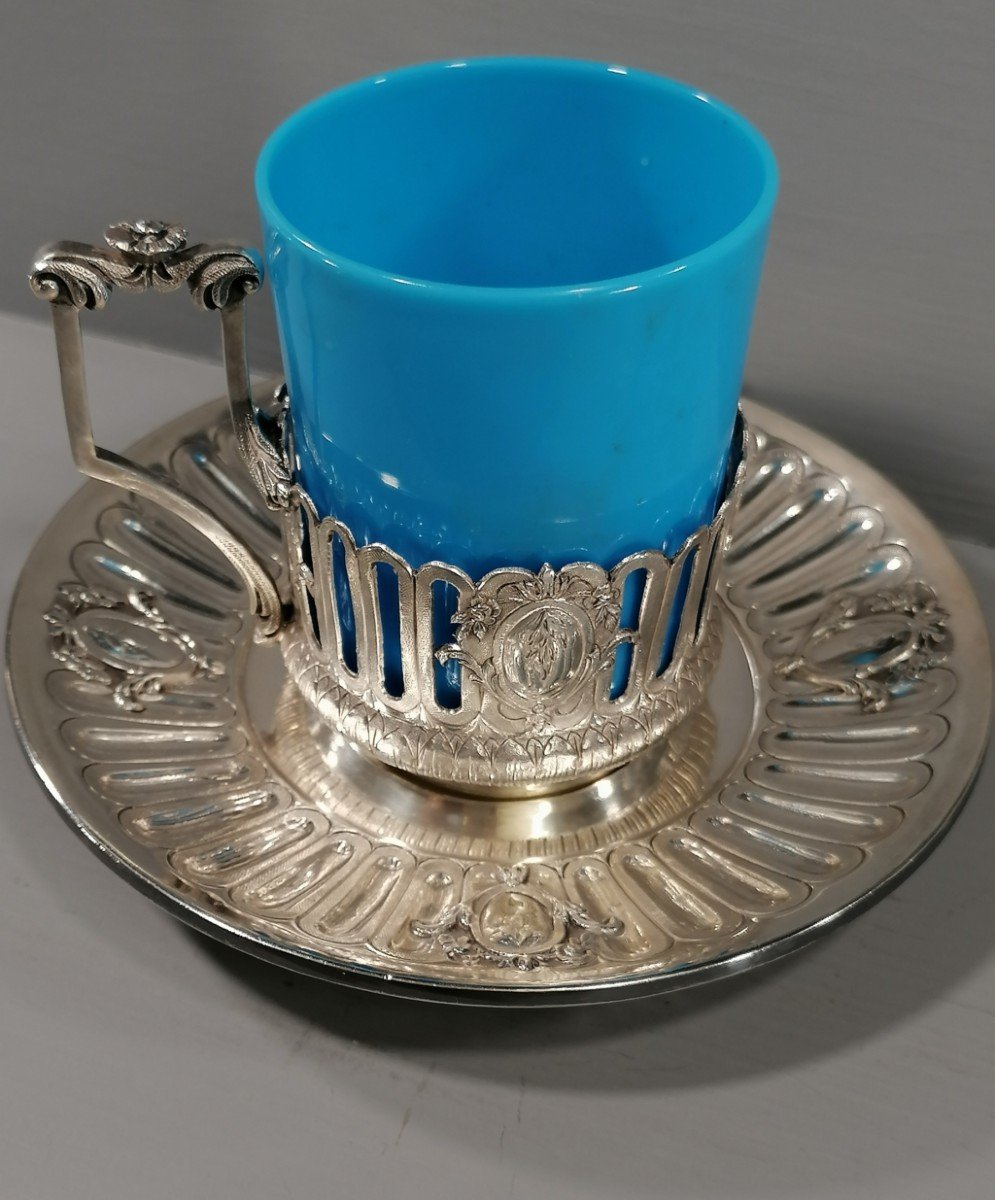 Tasse à Café - Opaline - Argent Massif Minerve - 177 Gr. - XIXème - -photo-2