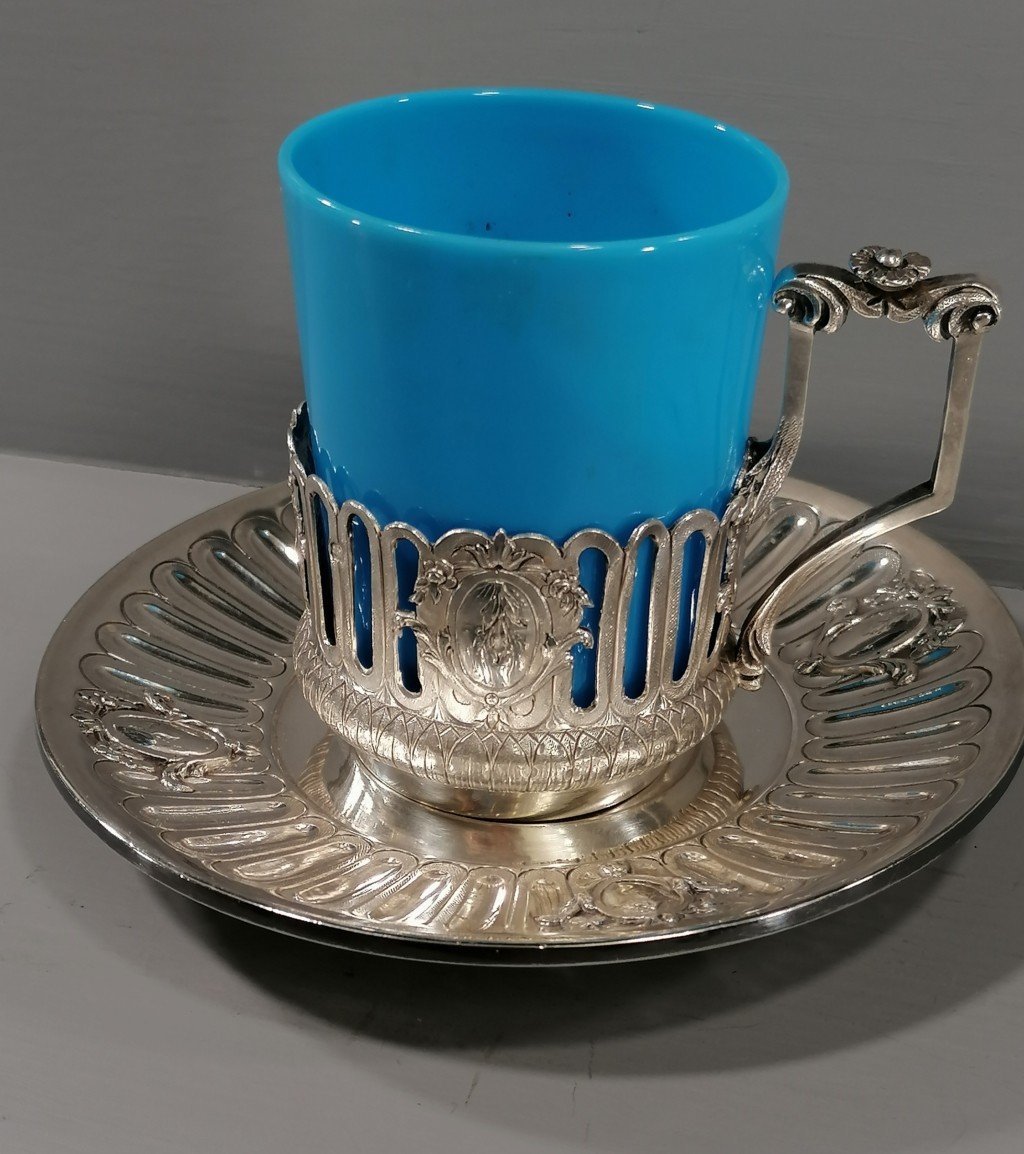 Tasse à Café - Opaline - Argent Massif Minerve - 177 Gr. - XIXème - 