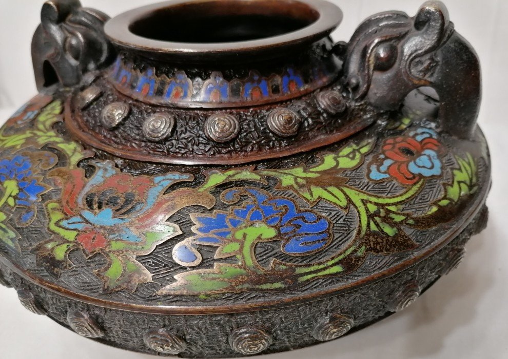 Vase Chinois - Dragon Et Fleurs - Cloisonne Emaille -bronze - 19eme -photo-3