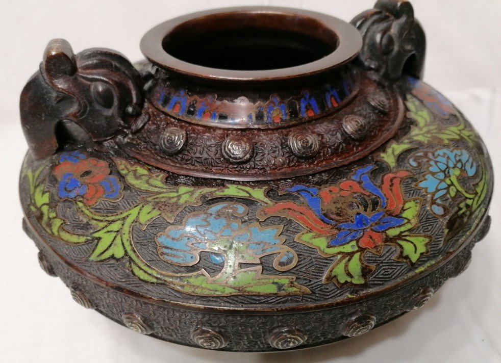 Vase Chinois - Dragon Et Fleurs - Cloisonne Emaille -bronze - 19eme -photo-4