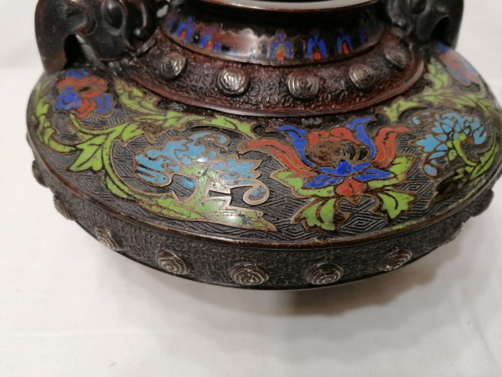 Vase Chinois - Dragon Et Fleurs - Cloisonne Emaille -bronze - 19eme -photo-1