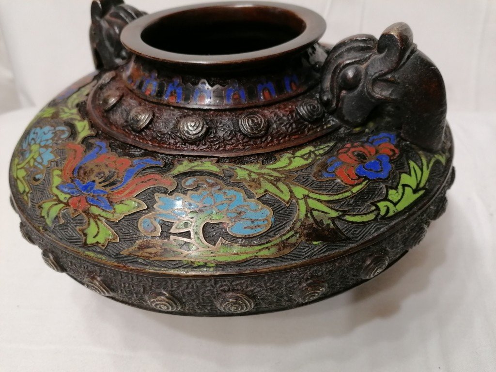 Vase Chinois - Dragon Et Fleurs - Cloisonne Emaille -bronze - 19eme -photo-2