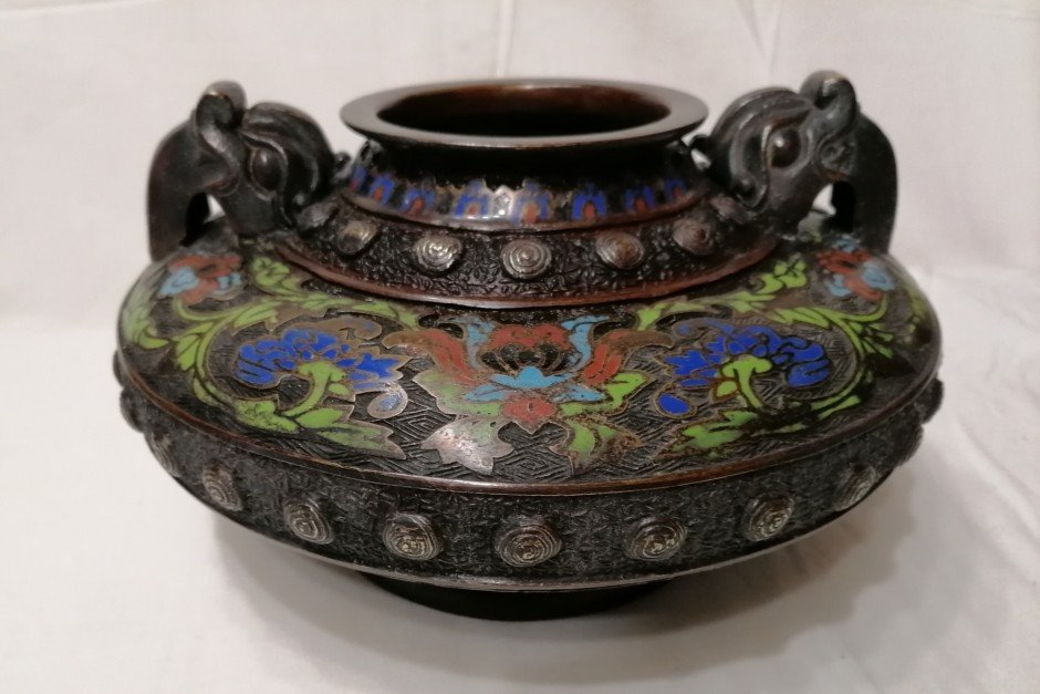 Vase Chinois - Dragon Et Fleurs - Cloisonne Emaille -bronze - 19eme 