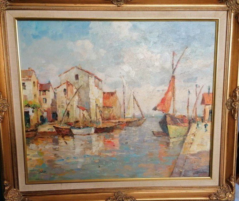 "boats At The Quay" View Of Martigues - Signed By Mj Roux - 20th Century - -photo-3