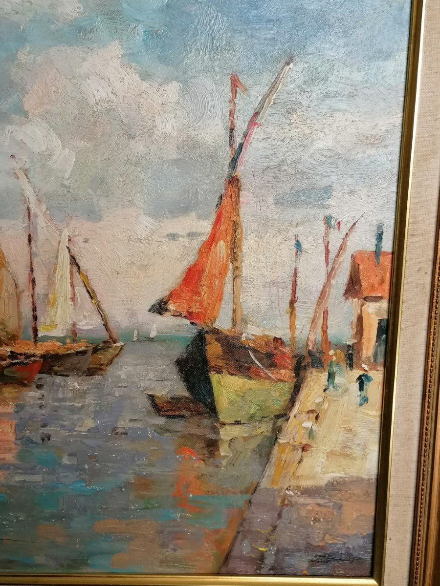 "boats At The Quay" View Of Martigues - Signed By Mj Roux - 20th Century - -photo-4