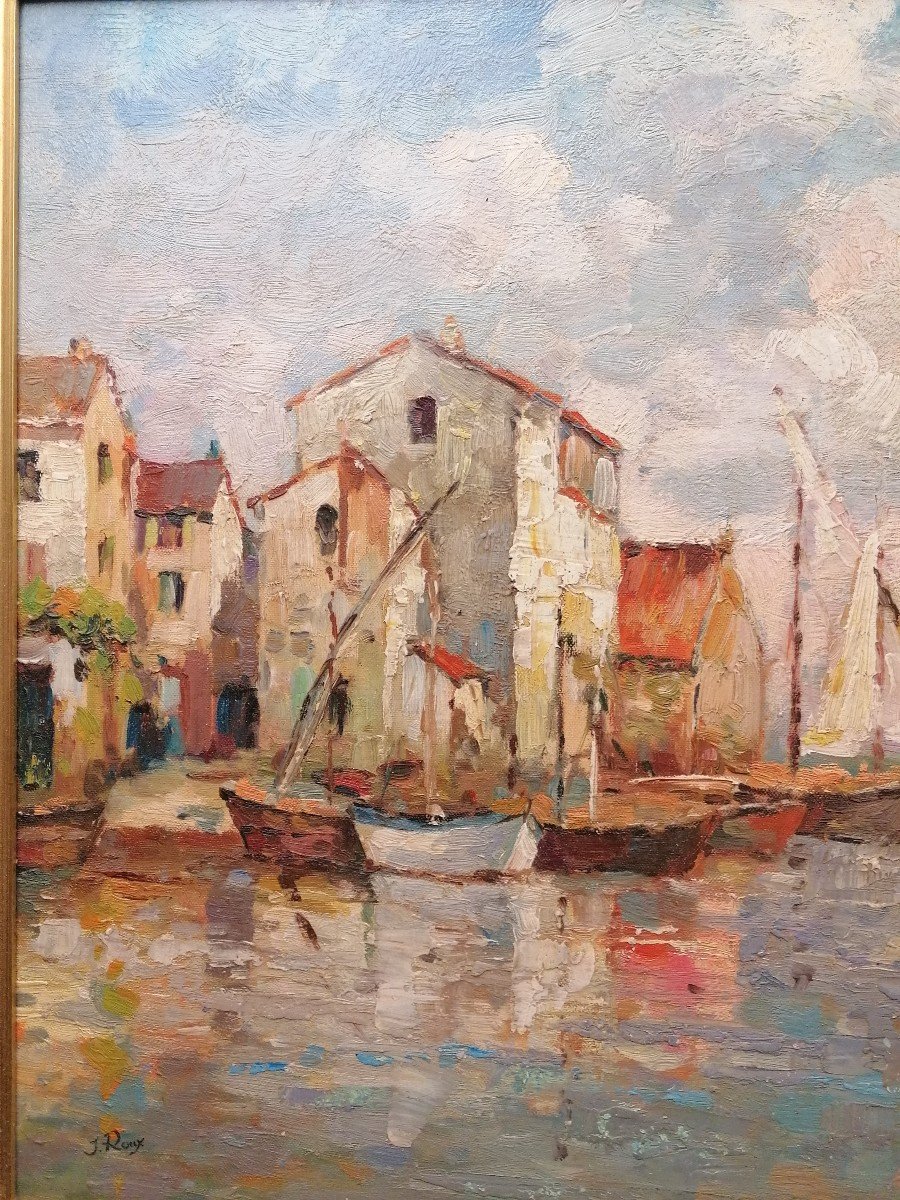 "boats At The Quay" View Of Martigues - Signed By Mj Roux - 20th Century - -photo-5