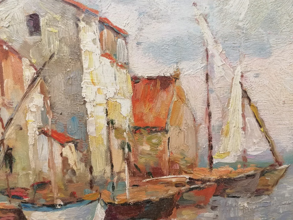 "boats At The Quay" View Of Martigues - Signed By Mj Roux - 20th Century - -photo-7