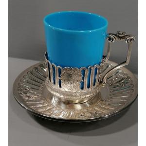 Coffee Cup - Opaline - Sterling Silver Minerva - 177 Gr. - 19th Century - 