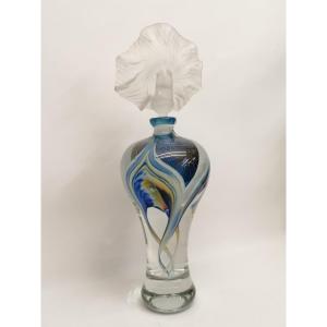 Bottle By Master Glassmaker Mr. Jorge Mateus - Blue And Gold - Flower Stopper - From 2004