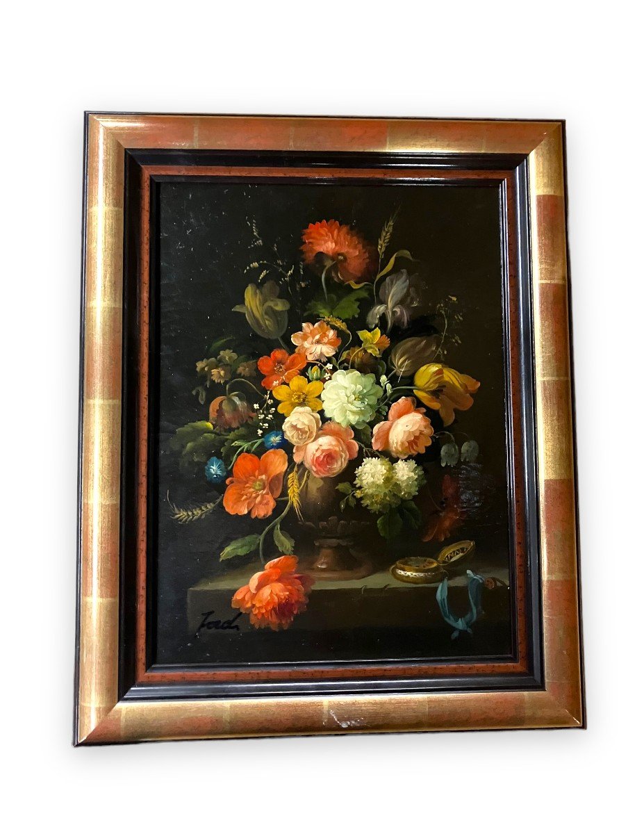 Oil On Canvas In The Dutch Style Still Life With A Bouquet Of Flowers Signed Jord