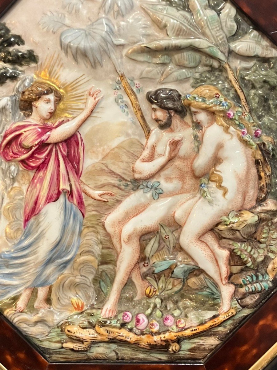 Adam And Eve Exceptional Low Relief In Capodimonte Porcelain-photo-2