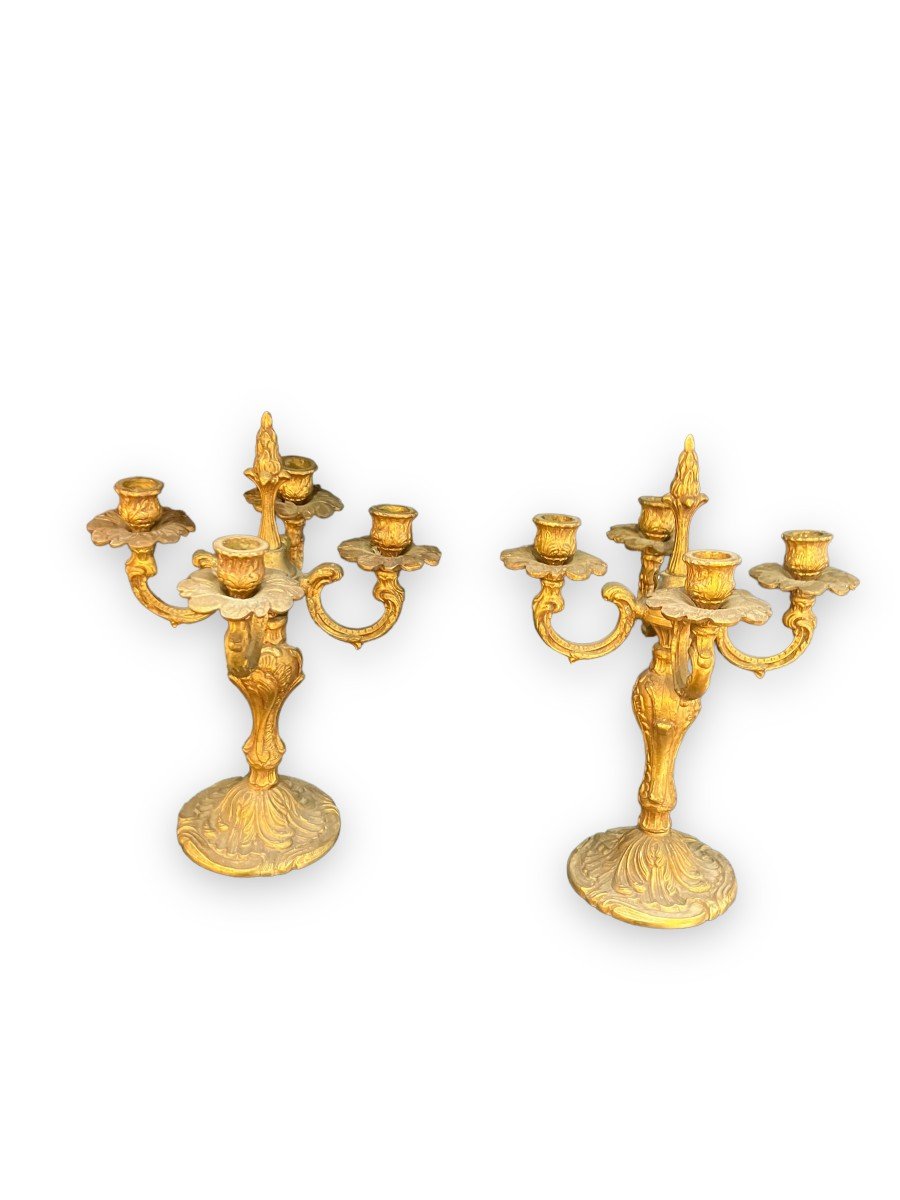Pair Of Candlesticks With Four Branches In Golden Brass-photo-6