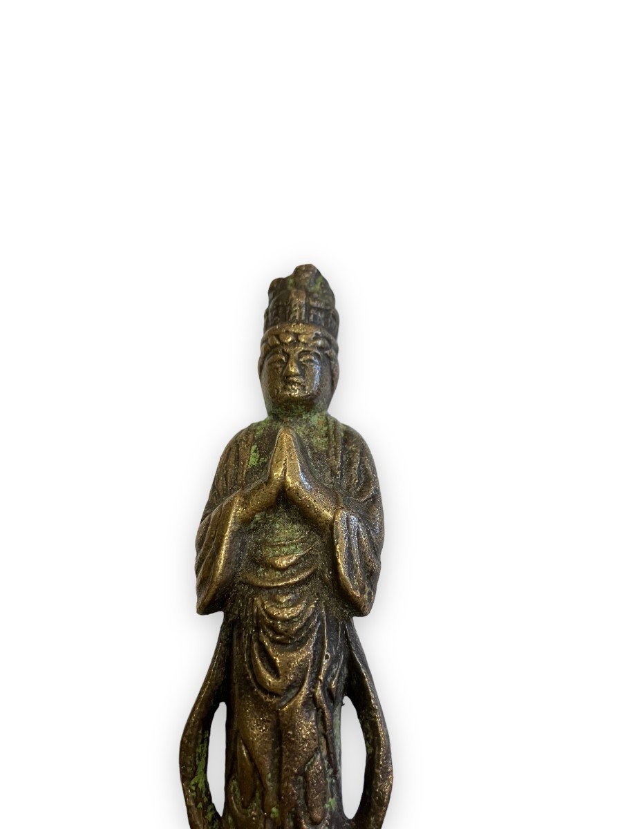 Chinese Divinity In Prayer Bronze Statuette-photo-2