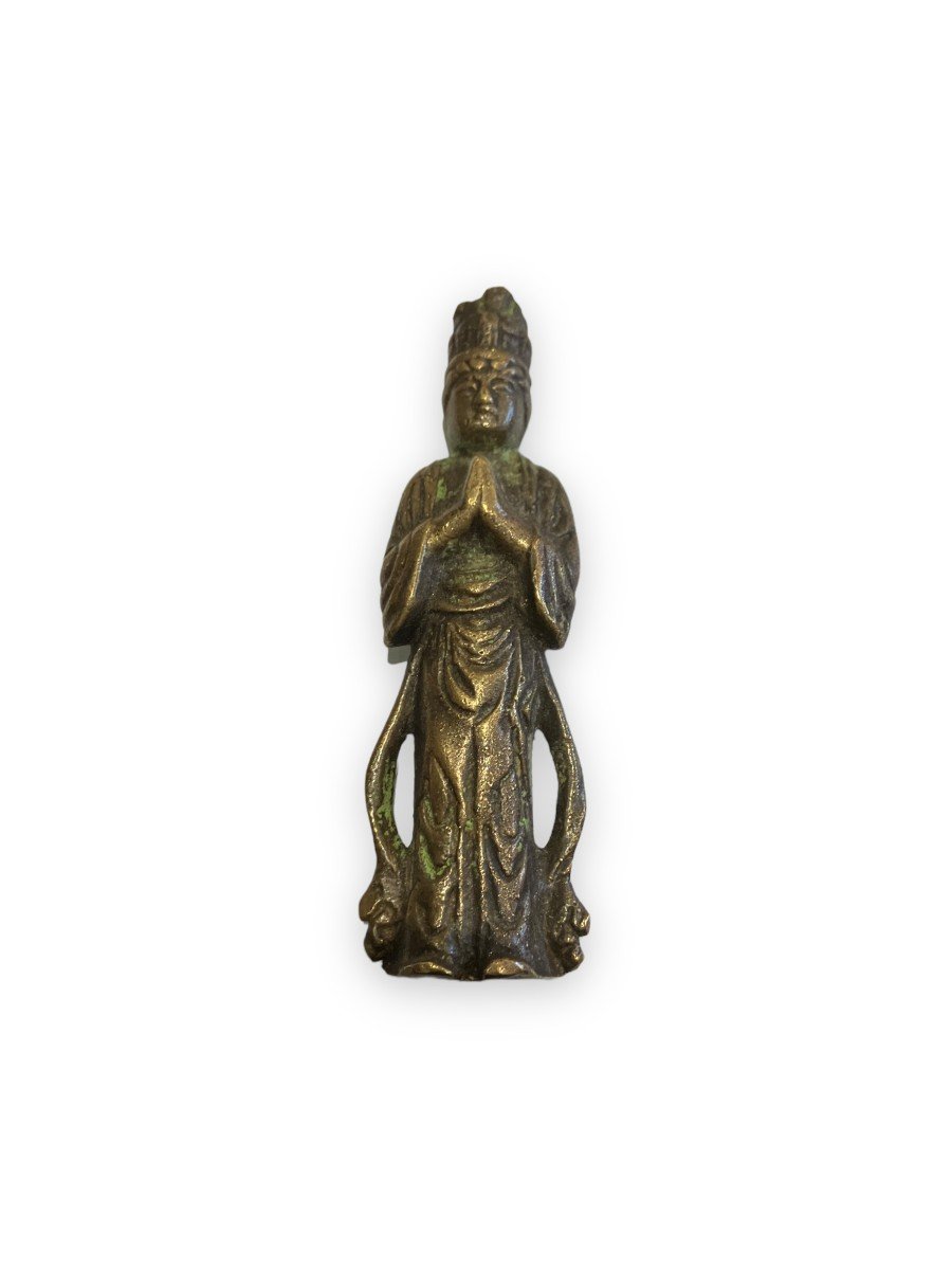 Chinese Divinity In Prayer Bronze Statuette-photo-3