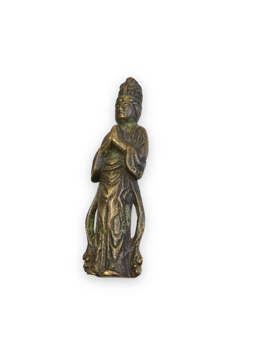 Chinese Divinity In Prayer Bronze Statuette-photo-2