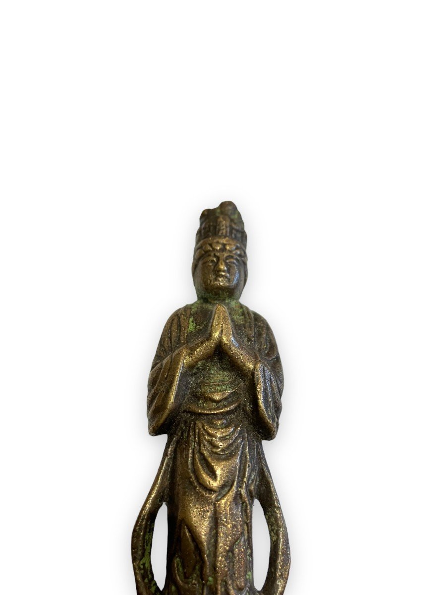 Chinese Divinity In Prayer Bronze Statuette-photo-5