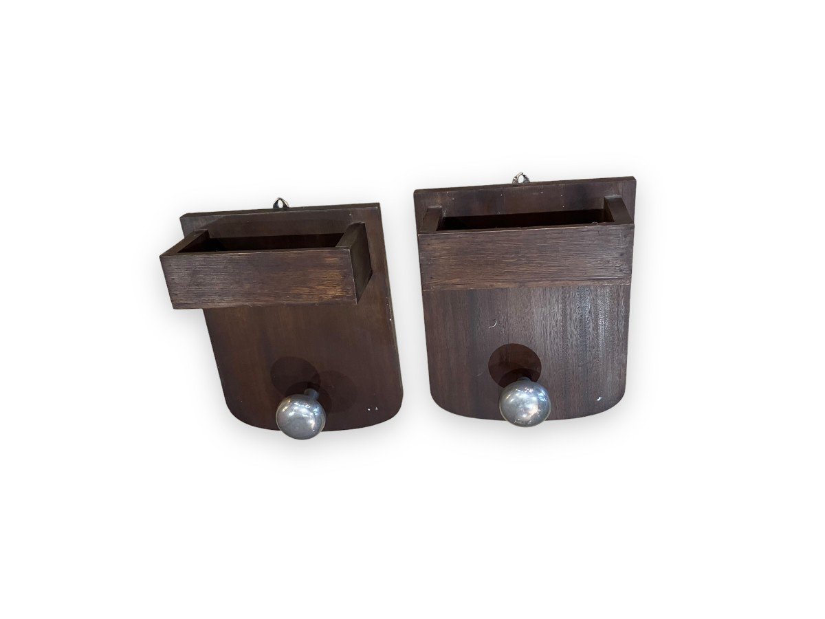 Pair Of Coat Hooks In Solid Wood And Brushed Steel 1950s-photo-3