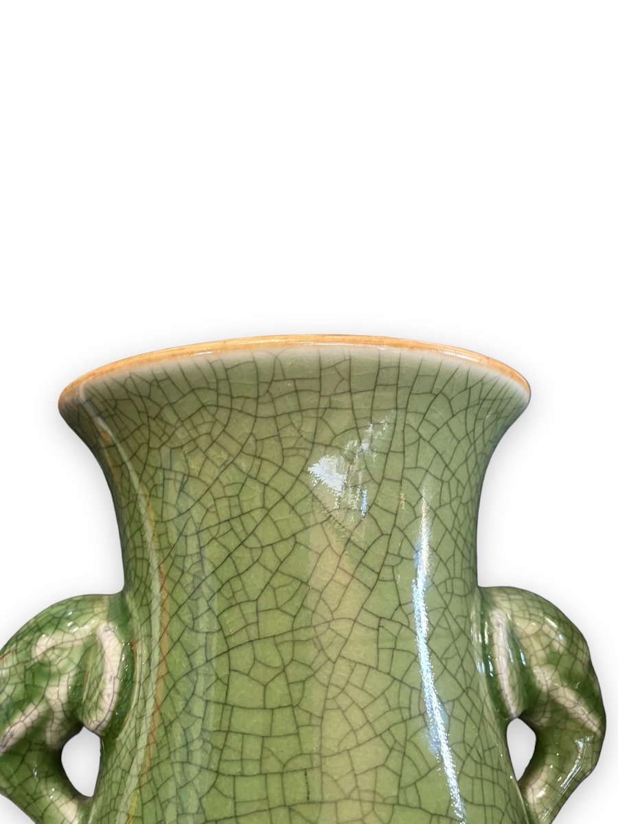 Vase En Céramique Craquelée Verte Anses éléphant Chine XXeme-photo-6