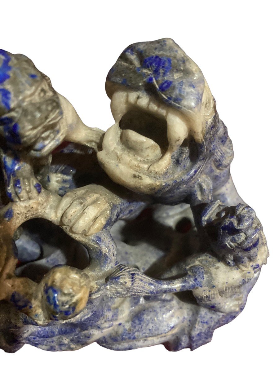 Pair Of Dragon Groups In Lapis Lazuli Twentieth-photo-4