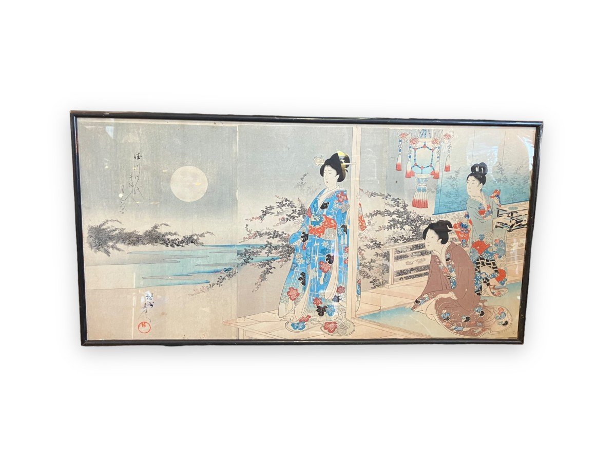 Ensemble De Trois Estampes Japon XIXeme En Triptyque Fin Edo Début Meiji-photo-2