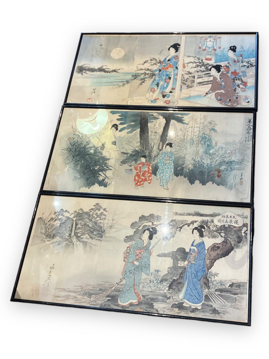 Set Of Three XIXth Japan Prints In Triptych Late Edo Beginning Meiji-photo-6