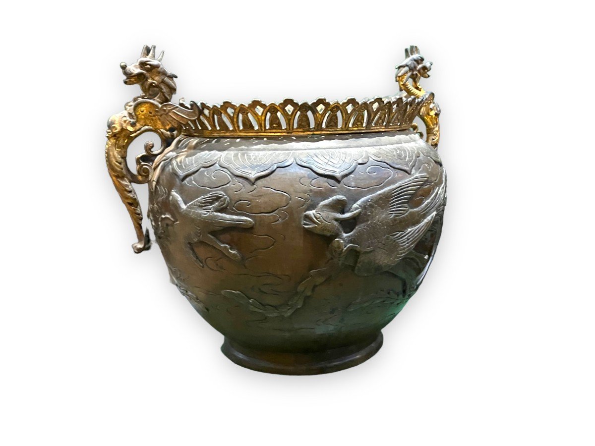 Asian Bronze Planter With Bird Decor-photo-3