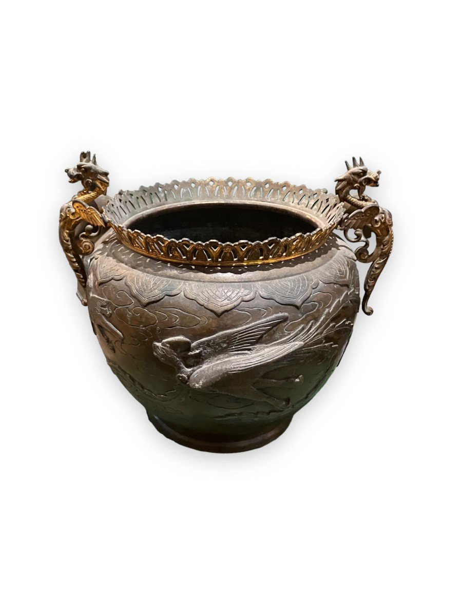 Asian Bronze Planter With Bird Decor-photo-3