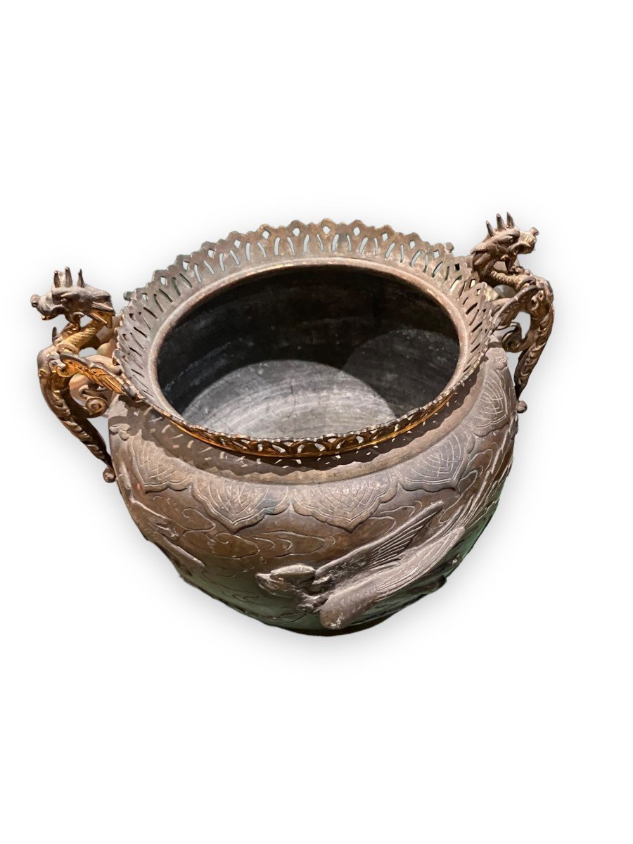 Asian Bronze Planter With Bird Decor-photo-6