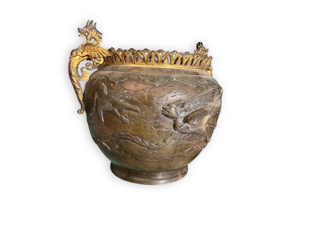 Asian Bronze Planter With Bird Decor-photo-7